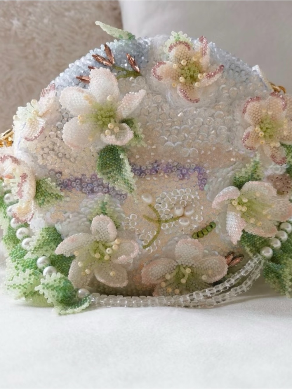 Handcrafted White & Green Floral Beaded Evening Clutch